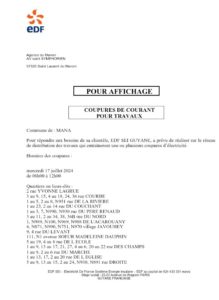 COUPURES DE COURANT POUR TRAVAUX LE MERCREDI 17 JUILLET 2024