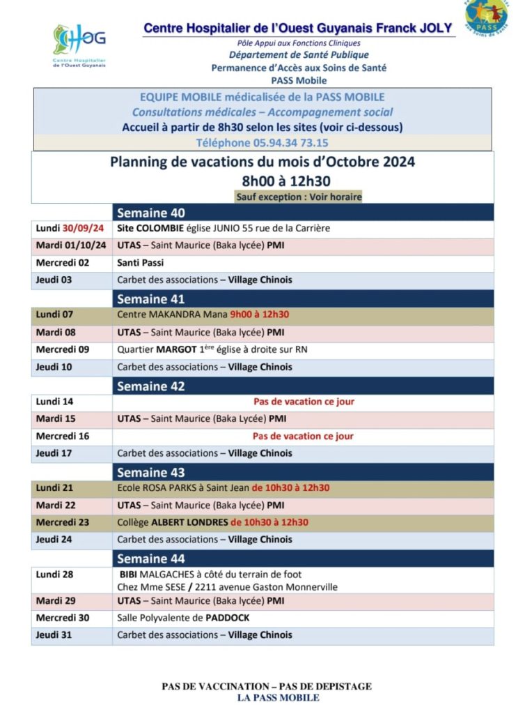 PLANNING DE VACATIONS DU MOIS D'OCTOBRE 2024