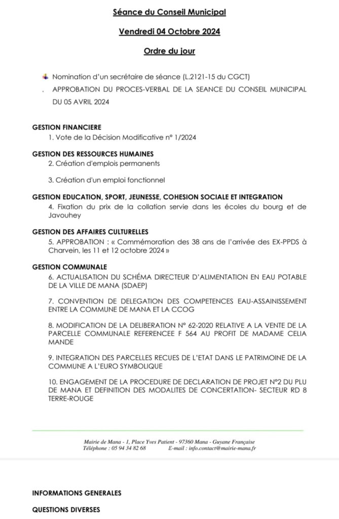 CONSEIL MUNICIPAL DE MANA RÉUNION DU VENDREDI 04 OCTOBRE 2024 À 15H00