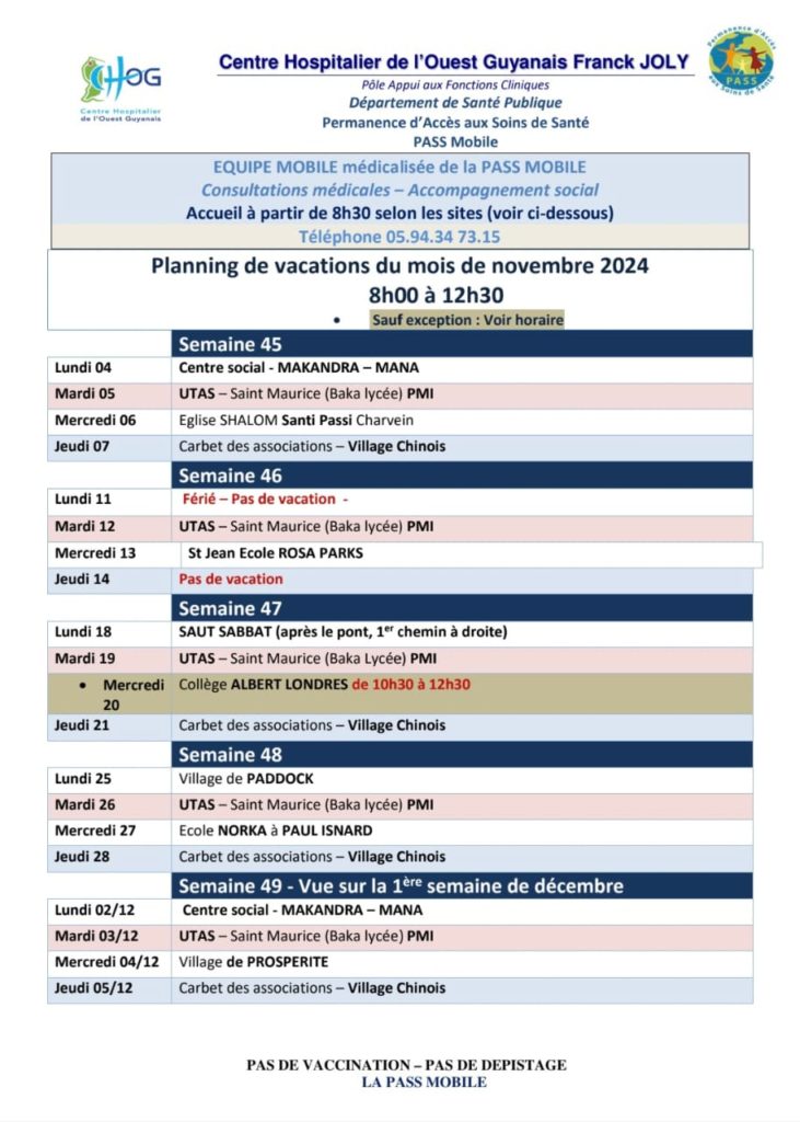 PLANNING DE VACATIONS DU MOIS DE NOVEMBRE 2024