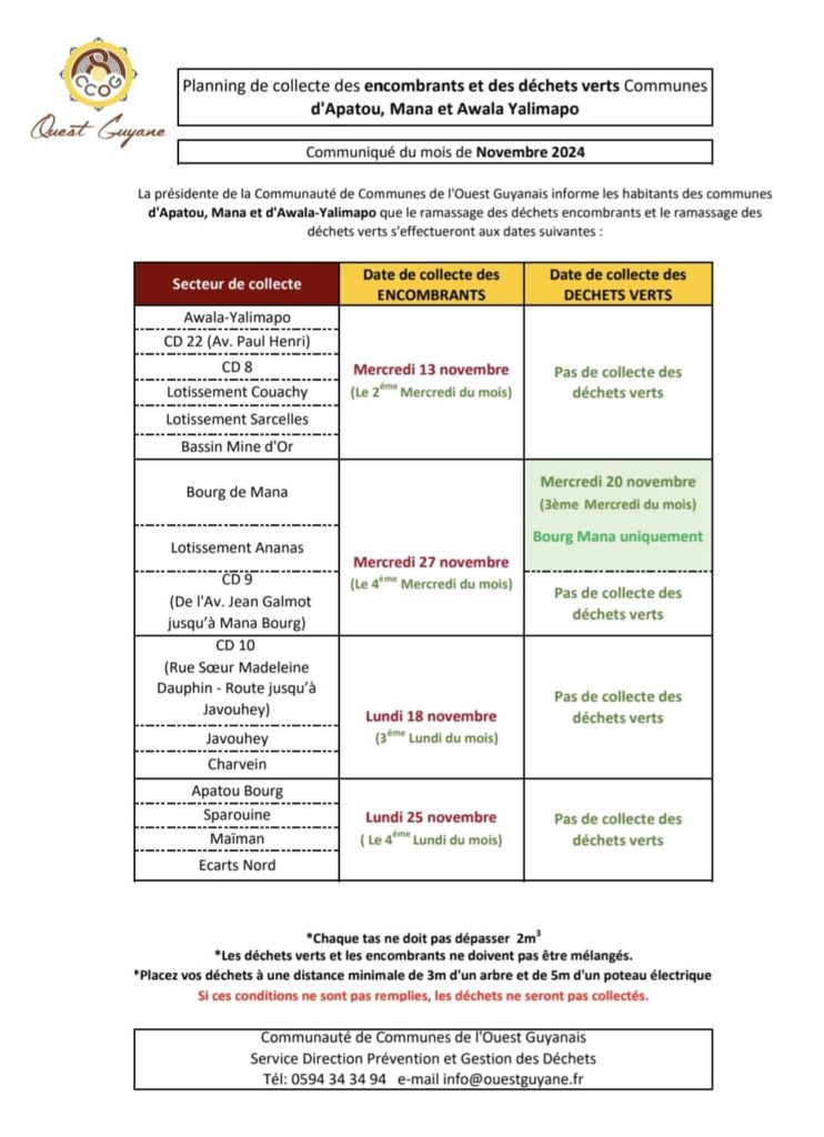 PLANNING DES COLLECTES DES DÉCHETS VERTS ET DES ENCOMBRANTS POUR LE MOIS DE NOVEMBRE 2024