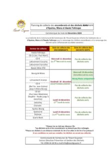 PLANNING DES COLLECTES DES DÉCHETS VERTS ET DES ENCOMBRANTS POUR LE MOIS DE DÉCEMBRE 2024